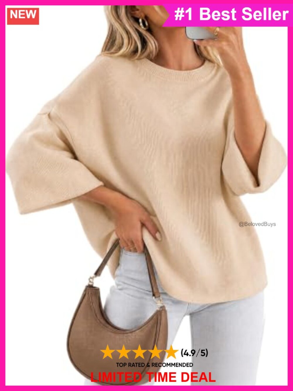 Women's 3/4 Sleeve Crewneck Knit Pullover Sweater - Drop Shoulder Casual